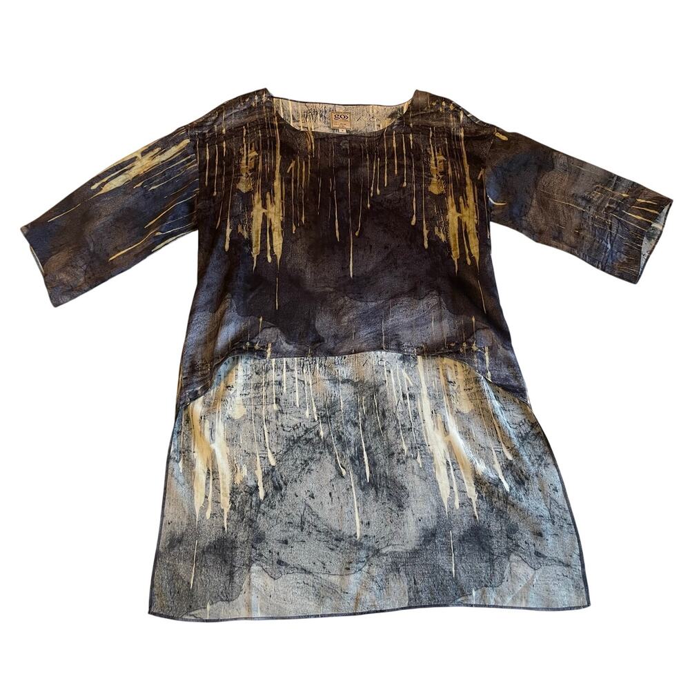 Go by Go Silk Boho Hi Low Deep Blue Abstract Design 3/4 Sleeve Square Cut Top M - Picture 11 of 11